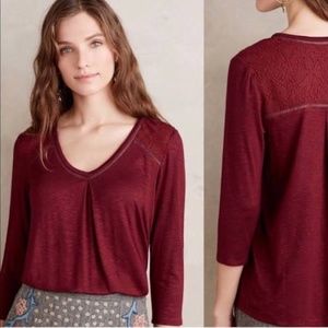 Anthropologie Dolan Left Coast Maisy 3/4 Sleeve Shirt Knit Top V-Neck Maroon Sm